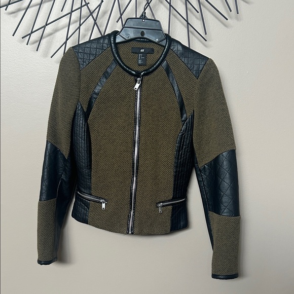 H&M Jackets & Blazers - H&M Olive Green and Black Quilted Faux Leather Trim Moto Jacket